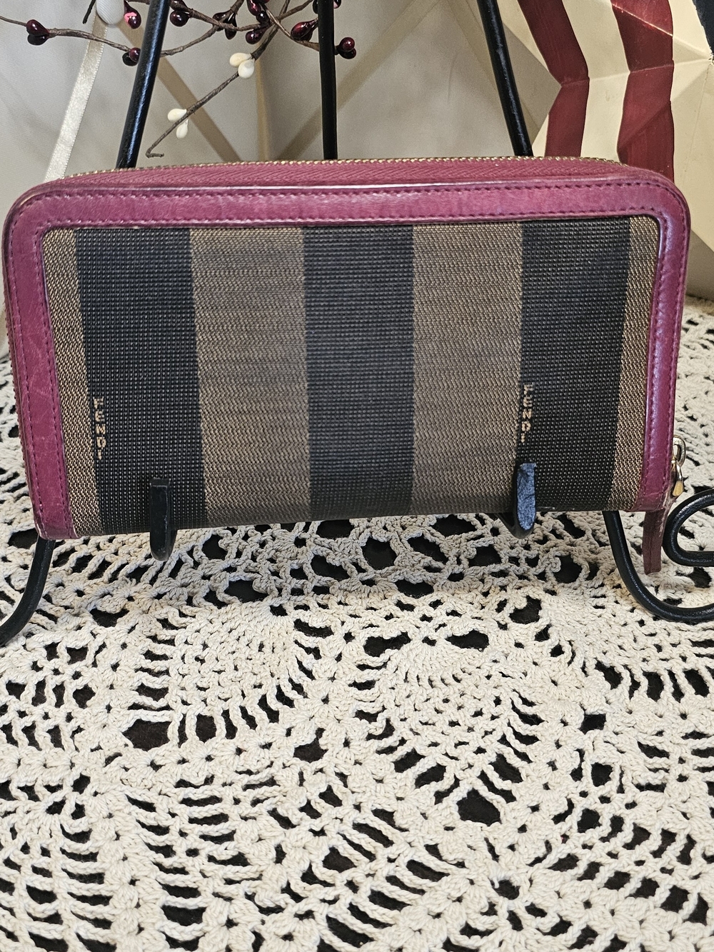 Fendi Striped Canvas Zip-Around Wallet with Burgundy Leather Trim - Picture 4 of 10